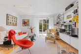 Wohnzimmer Richtung Terrasse - Obermenzing vom Feinsten: Dreizimmer-EG-Wohnung ca. 92 m² Wfl., 2 Bäder, Parkett, TG-Stellpl. inkl.